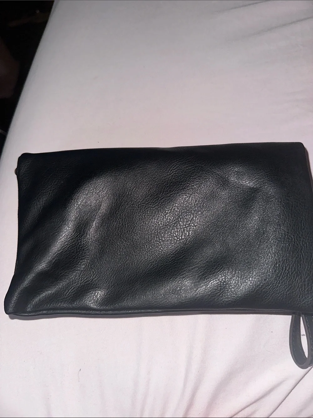 Carolya Tucker Fold-Over Black Leather Wristlet Clutch with Metal Logo Plaque ne